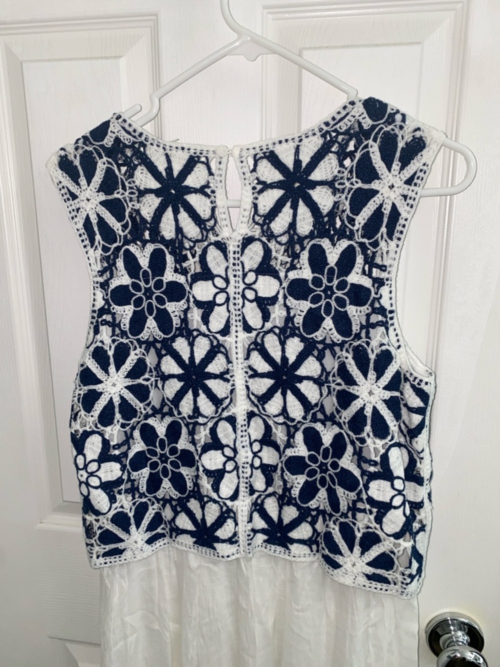 White Maxi Dress with Navy Floral Crochet Bodice - Picture 7 of 7